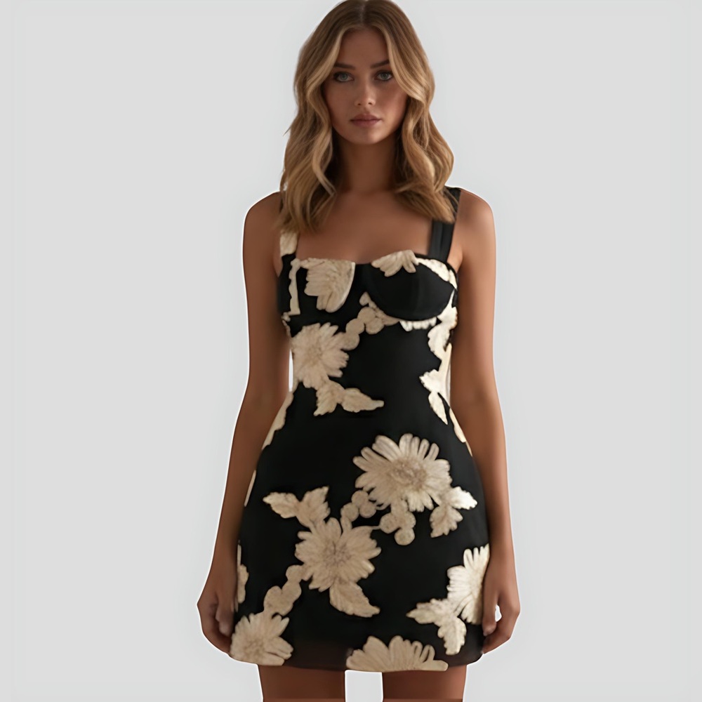 Backless 3D Floral Mini Dress Black - Picture 3 of 5